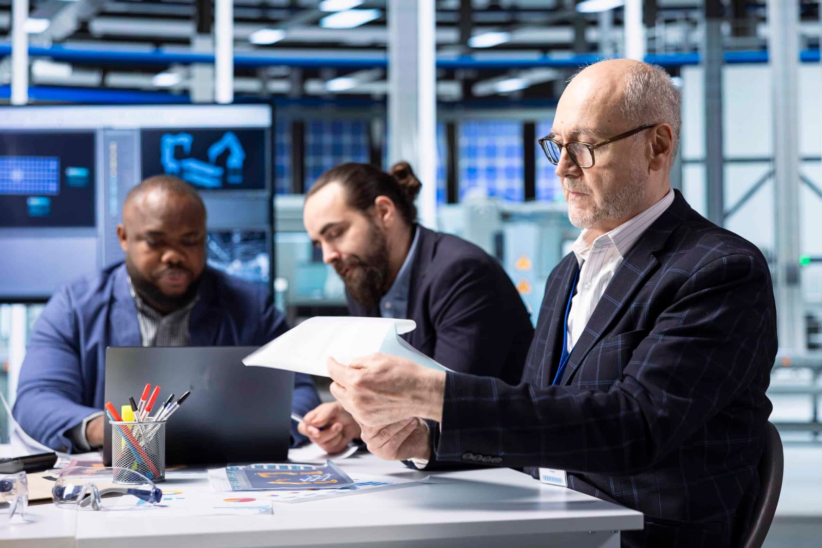 Industrial plant managers and investors analyze technical production data on paperwork documents. Factory management checking manufacturing automation advancements documentation files
